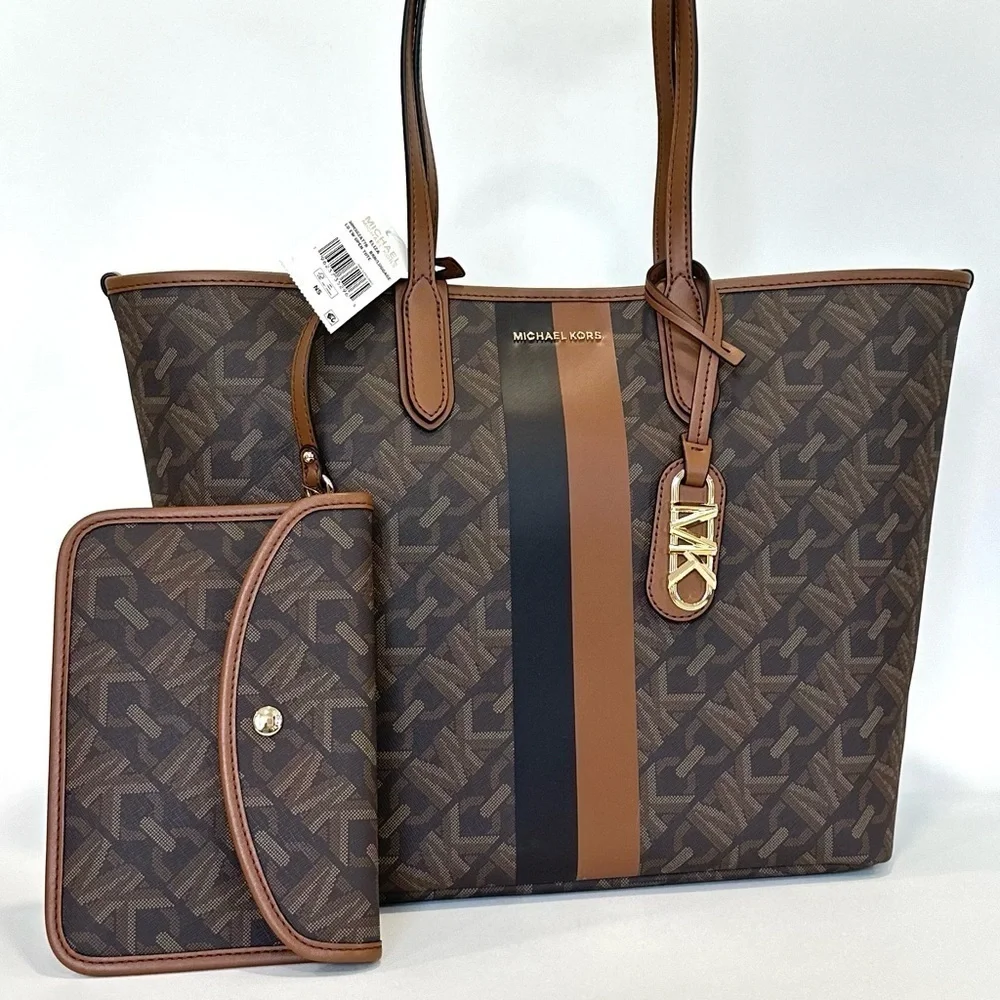 Michael Kors Empire Logo Eliza Large East West Open Tote with pouch wallet